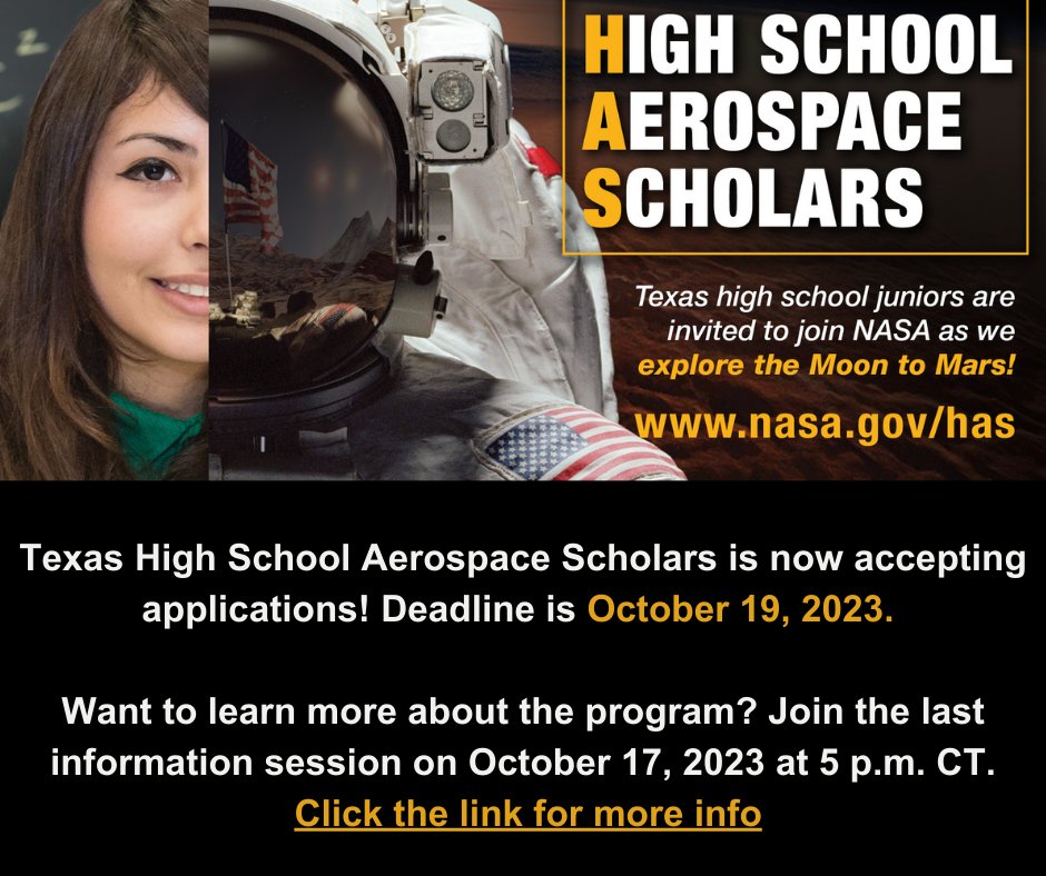 This is a final call for high school juniors in Texas interested in <a href="/NASASTEM/">Broken Link</a>. Texas High School Aerospace Scholars is hosting their final virtual info session on October 17, at 5 PM CT. Application deadline is October 19. Visit the link for more details: go.nasa.gov/3RKu0l6