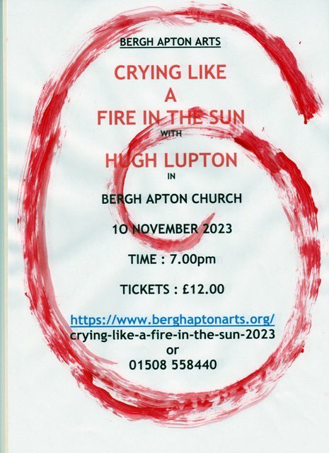 BerghApton's tweet photo. ‘Crying like a fire in the sun’ with Hugh Lupton at Bergh Apton Church, 10th November 2023, 7pm.

Tickets available at https://t.co/iqDj0ILD1u https://t.co/8oLe7LKRpB