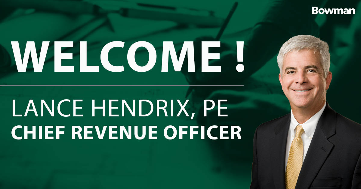 Lance Hendrix, PE, has joined Bowman as Chief Revenue Officer. He will play an key role in accelerating our efforts to secure new business opportunities, build strong client relationships and expand our market share. ecs.page.link/wLk3T

#TeamBowman