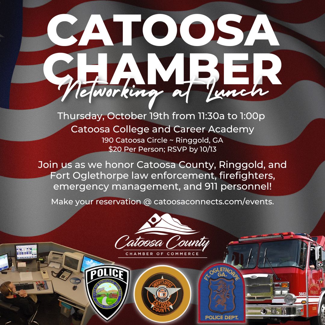 You have to eat lunch somewhere on Thursday, October 19th!

Come have lunch with us as we thank our Catoosa County, Ringgold, and Fort Oglethorpe First Responders!  Make your reservation today:  buff.ly/48xQxHP 
#CatoosaConnects