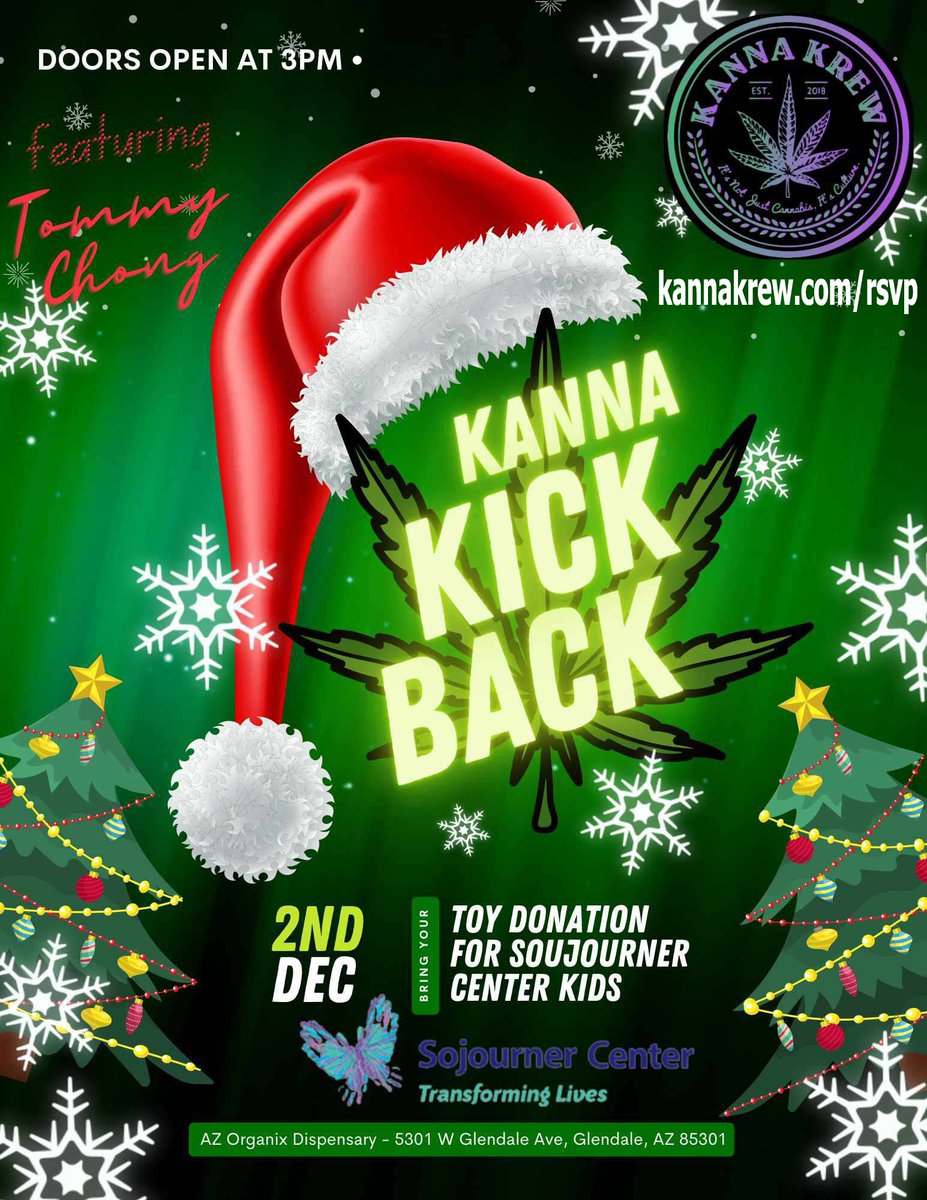 KannaKrew's tweet photo. Last Year we helped 300 kids at Christmas

Kanna Kickback 4 on December 2nd in Glendale, AZ. 

We have partnered with Arizona Organix dispensary to help raise toys and aid for a local Woman's shelter in Arizona, all while celebrating the 11th Kanniversary of not only AZ's first dispo, but also of legal buds in the state.

Special Guest: Tommy Chong

🧸Toy Drive at the Door
💨Over 30 dispensary affiliated vendors
😋More than a dozen food options
🍁Multiple home-grow strain drops
🎉Music, Games & Live Entertainment

🎟️🎟️
To Get into the Kickback, you must either own an OG Skunk NFT or bring a receipt from Arizona Organix dispensary from the month of November or December.
🎟️🎟️

- Doors open at 3pm⏰
- Saturday, Dec. 2nd 🗓️
- 5301 W Glendale Ave 🗺️

We currently have vendor and sponsorship opportunities available. Please let us know if you would like to be involved in this toasty slice of the Christmas season.

💨💨💨
