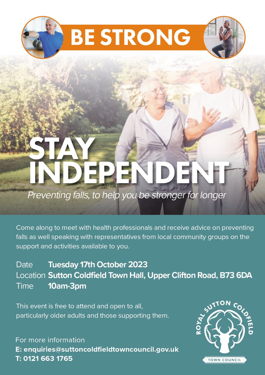 Spread the word!
BE STRONG. STAY INDEPENDENT
📌FREE INFORMATION COMMUNITY EVENT
Tues 17 October
10am - 3pm
Sutton Coldfield Town Hall
The event will have a focus on how to prevent falls and stay independent and is open to all particularly older adults and those supporting them.