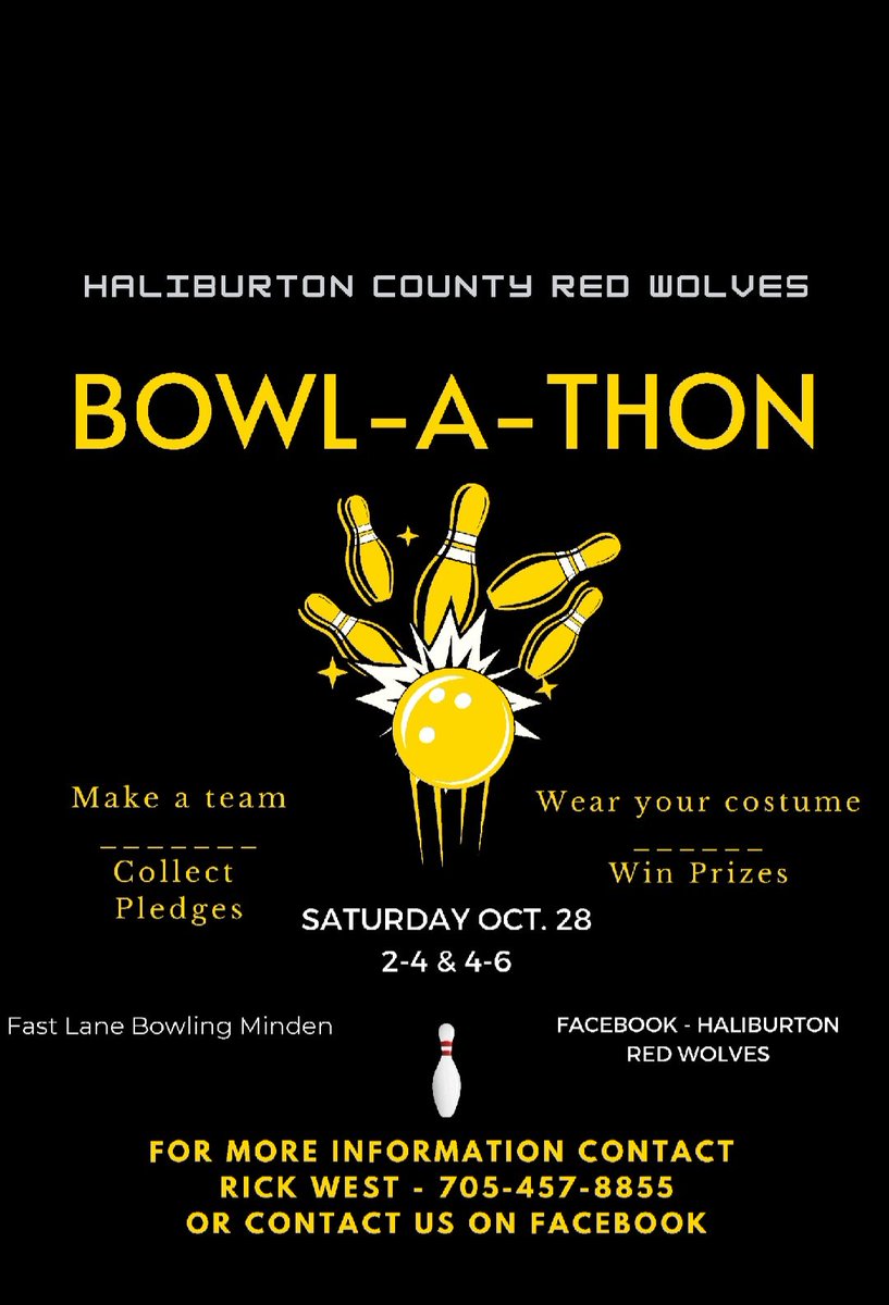 Pledge sheets are now available for our annual Bowl-a-thon Fundraiser on October 28th at Fast Lane Bowling. For more information, to register a team and to get pledge sheets, you can contact Rick West 705-457-8855, email us at haliburton@specialolympicsontario.ca l.