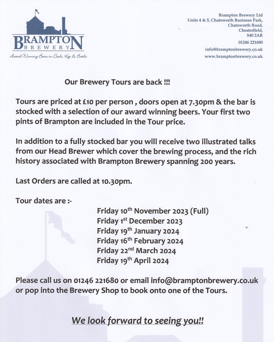 Our first batch of 2024 Brewery Tour dates are out and we have limited spaces available on our final 2023 Tour Date - see you at the Bar 🍻🍻 @DesChes @ChezCAMRA @chesterfielduk @madederbyshire @S40Local @EastMidsCAMRA