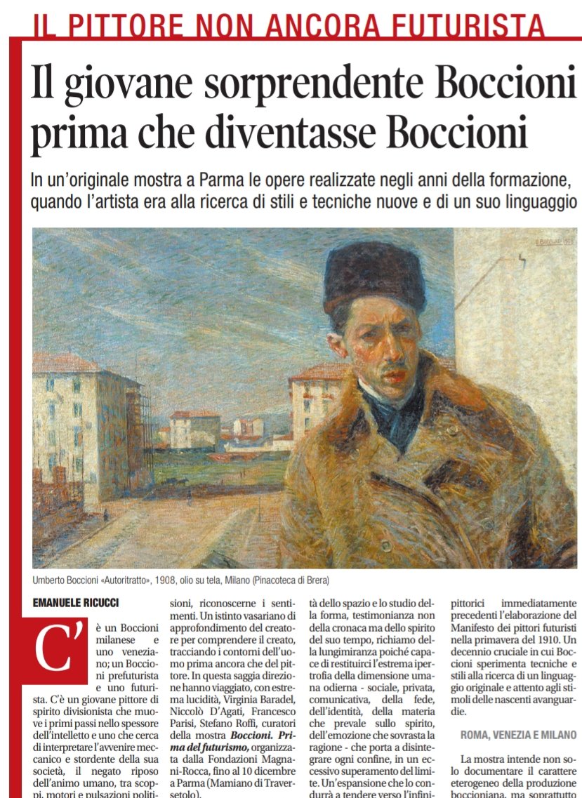 Il mio pezzo di oggi su LIBERO in edicola dedicato all'arte di Boccioni che ci salva ancora oggi, portandoci a un'espansione interiore, oltre le geometrie imposte dal politicamente corretto. Una mostra a PARMA lo celebra giovane e prefuturista 
<a href="/NicolaPorro/">Nicola Porro</a> <a href="/VittorioSgarbi/">Vittorio Sgarbi</a>