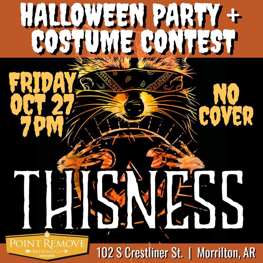 Put it on your calendar! Halloween with THISNESS @ Point Remove Brewing Co – 2 full spooky sets 🎶 👻 

#arkansasmusic #arkansasbands #livemusic #postpunk #morrilton #halloween