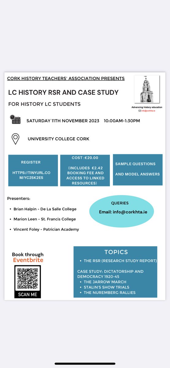 The Cork HTA are hosting a revision day for Leaving Cert students on Saturday 11th November in UCC. Details in the attached poster. #lchist #histchatie #revision #CorkHTA