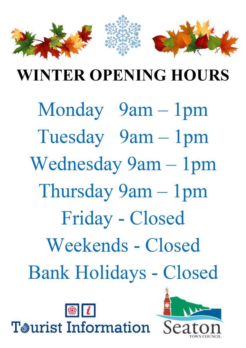 Seaton Town Council and the Tourist Information Centre, winter opening hours