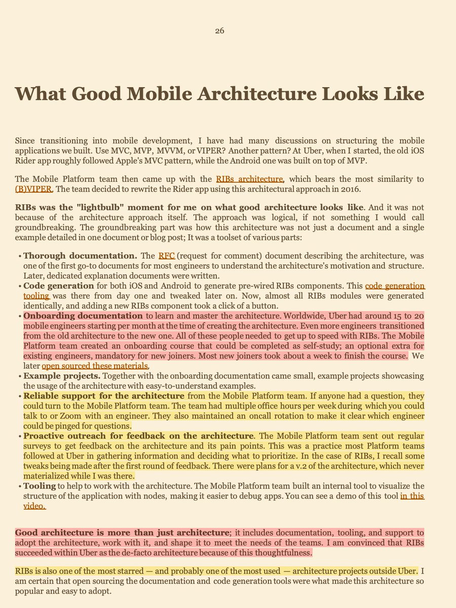 "Good architecture is more than just architecture; it includes documentation, tooling, and support to adopt the architecture, work with it, and shape it to meet the needs of the teams. I am convinced that RIBs succeeded within Uber as the de-facto architecture because of this