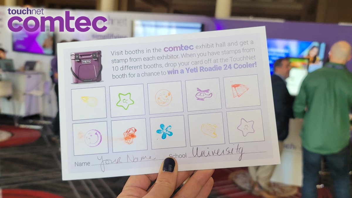 TouchNet's tweet image. There&apos;s still time to connect with our #COMTEC2023 sponsors and enter for your chance to win a YETI Roadie Cooler! Get the bingo card from your conference bag stamped by at least 10 exhibitors and drop off at the #TeamTouchNet booth.

Exhibit hall open until 4pm today!