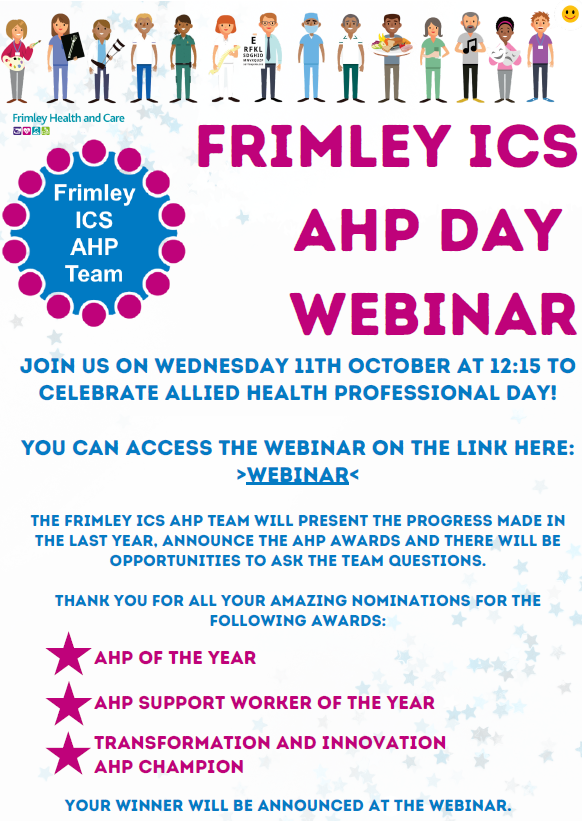 ***REMINDER*** that one week today we're hosting our #AHPDay webinar where we'll be celebrating the achievements of AHPs in Frimley ICS and announcing the winners of our AHP Awards! Join here: gbr01.safelinks.protection.outlook.com/ap/t-59584e83/… #AHPDay2023