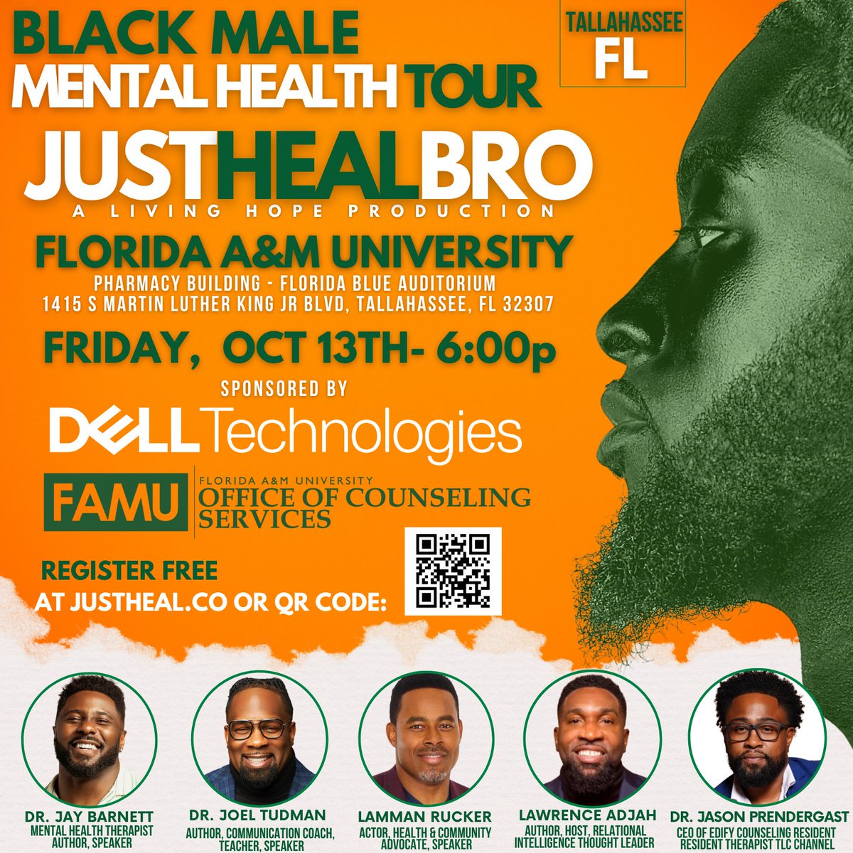 FAMU_1887's tweet image. We are excited for the Black Male #MentalHealth Tour coming to Tallahassee. Register today at: justheal.co