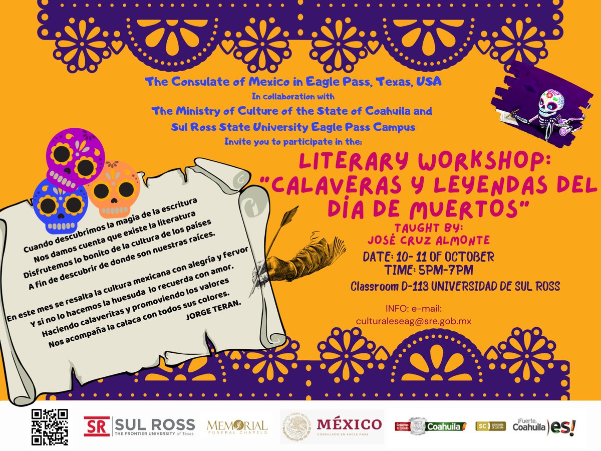 SulRossRGC's tweet photo. Join Sul Ross State Univ. and the Mexican Consul's office for the literary workshop in Eagle Pass on the SRSU campus planned for Oct. 10-11! For more information, email culturaleseag@sre.gob.mx. https://t.co/CK1cD4qyPd