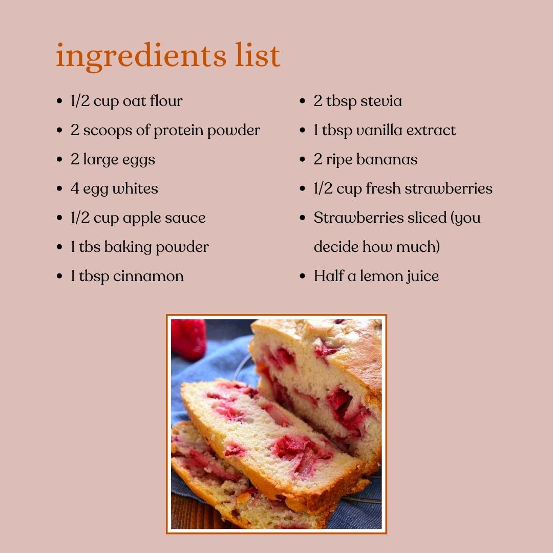 BodyReviveFit's tweet image. High-protein, lemon strawberry banana bread🍓🍰

Delicious, yummy, and high-protein🍓🧁

Nutrition info: 
- 78 calories per slice 
- 2 grams of fat
- 12 grams of carbohydrates
- 10 grams of protein.