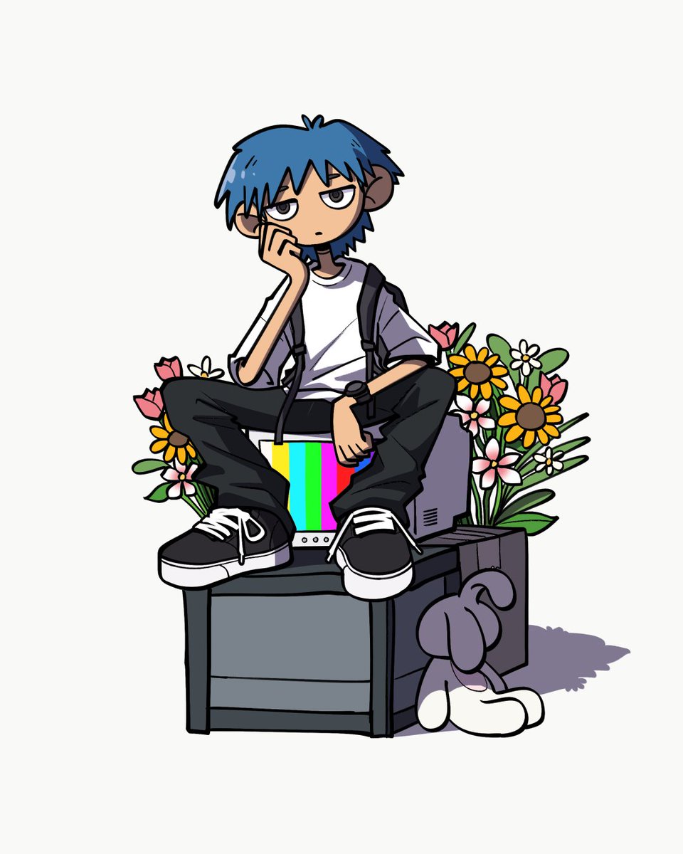 1boy male focus flower blue hair solo pants shirt  illustration images