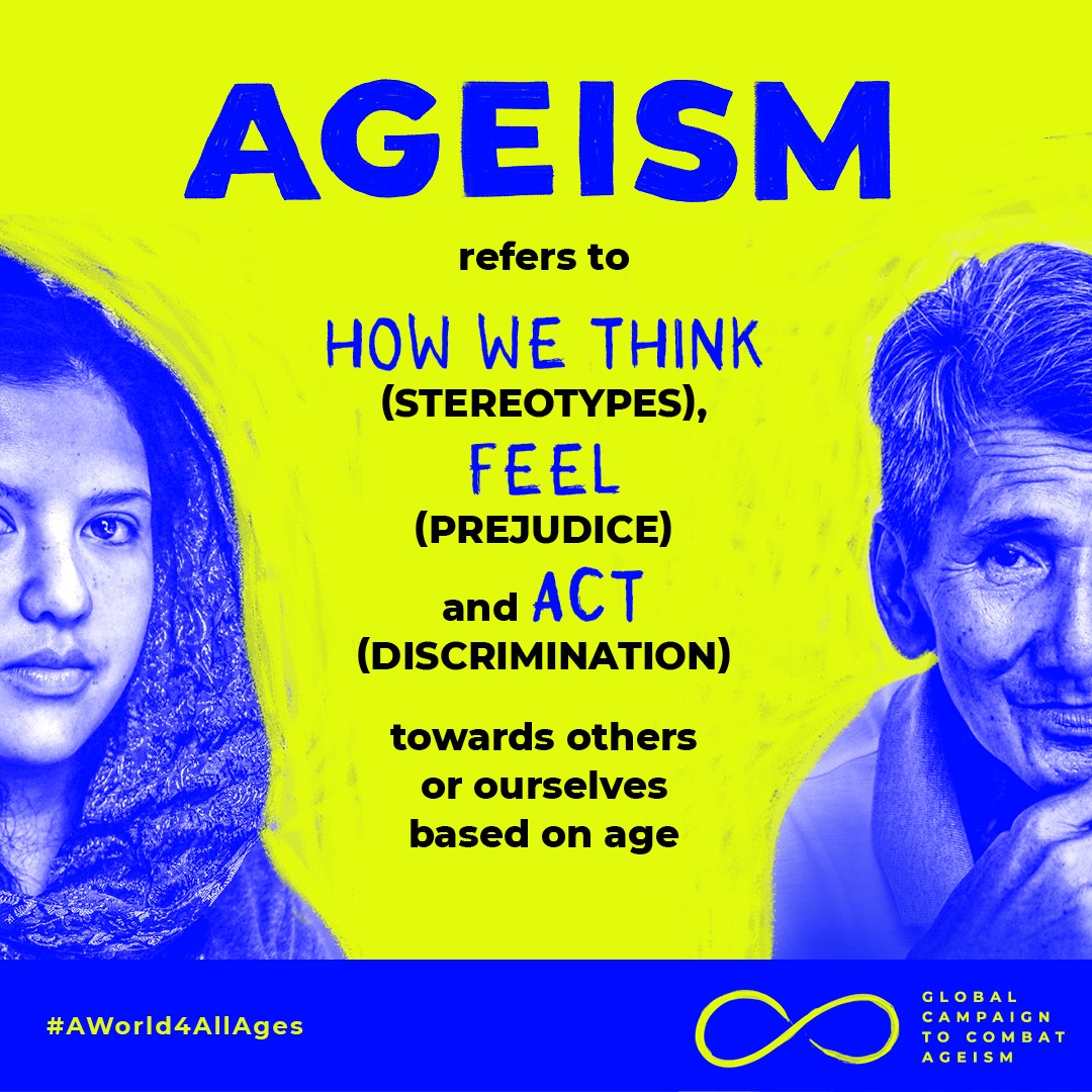 This year's #PositiveAgeingWeek theme is Challenging Ageism. Ageism is the word used to describe the stereotypes, prejudice and discrimination against ourselves or other people, based on age. Join the movement to combat ageism: bit.ly/CombatAgeism. Create #AWorld4AllAges