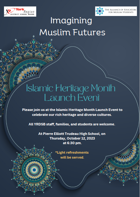 YRDSB's tweet photo. Join @AEMSyr for their Islamic Heritage Month launch event on October 12, 2023. 

This year's theme is Imagining Muslim Futures. Guest speakers include @PocketsofHope @nccm @YRMuslims S.K. Ali and Rania Al Mugammar.

Register now: https://t.co/B5wPOQ2Yy1 https://t.co/NcqspaJfwU