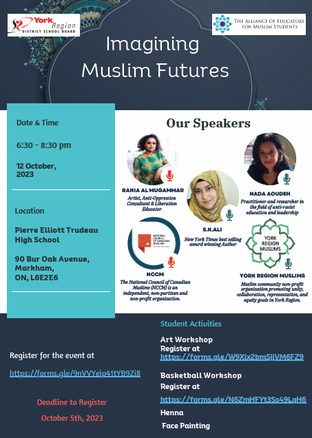 YRDSB's tweet photo. Join @AEMSyr for their Islamic Heritage Month launch event on October 12, 2023. 

This year's theme is Imagining Muslim Futures. Guest speakers include @PocketsofHope @nccm @YRMuslims S.K. Ali and Rania Al Mugammar.

Register now: https://t.co/B5wPOQ2Yy1 https://t.co/NcqspaJfwU