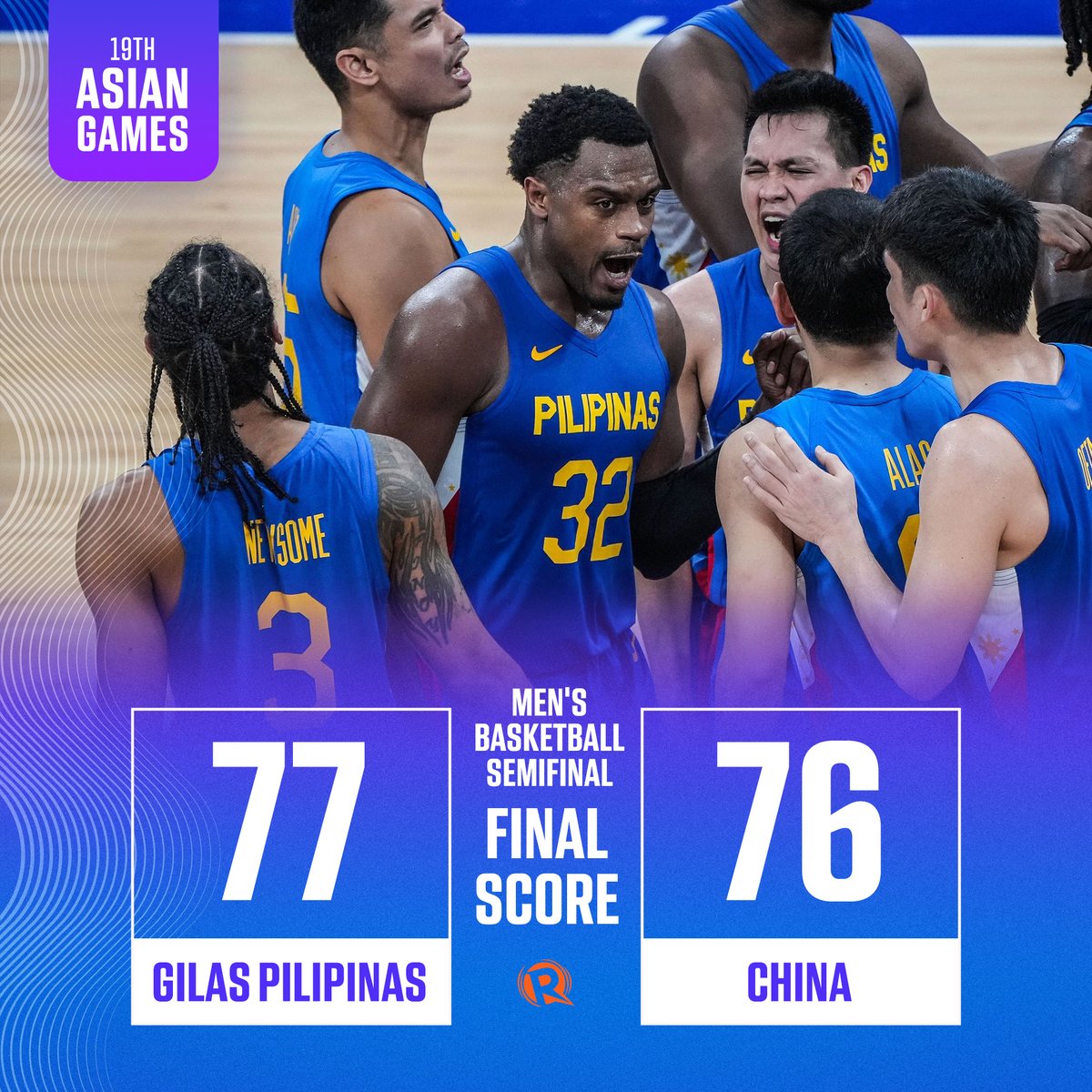 rapplerdotcom's tweet photo. GILAS PILIPINAS IS GOING TO THE GOLD MEDAL MATCH! 🇵🇭

JUST IN. Justin Brownlee takes over in the fourth quarter as Gilas Pilipinas reaches the #AsianGames final for the first time since 1990 with a stunning 77-76 comeback win over host China. https://t.co/equFy5kZpY https://t.co/GZLfSP0QkT