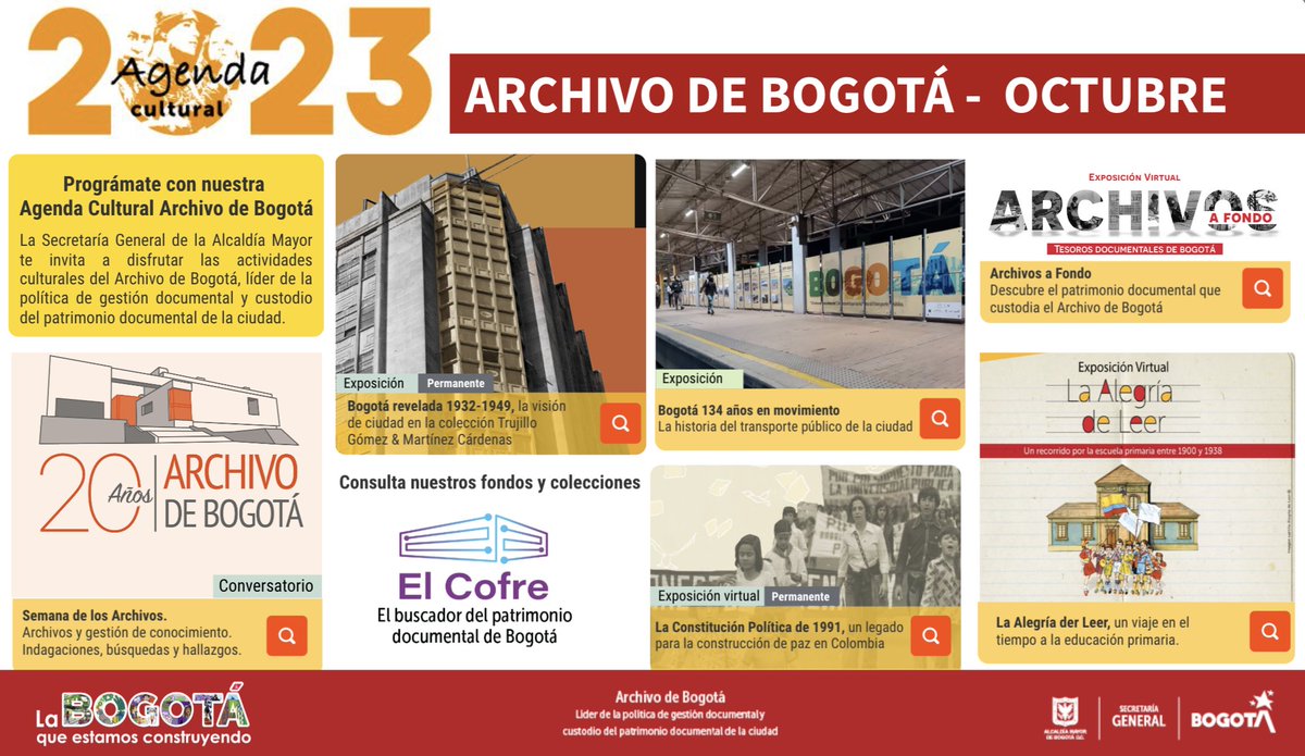 ArchivodeBogota's tweet photo. #AgendaCultural | Conoce y disfruta con tu familia y amigos las actividades culturales que el Archivo de Bogotá tiene para el mes de octubre👇📷https://t.co/ofCzHFxyqA
@TransMilenio
#ArchivodeBogotá20Años
#Exposiciones
#ExposicionesVirtuales
#Conversatorios https://t.co/OxxDwXeSI7