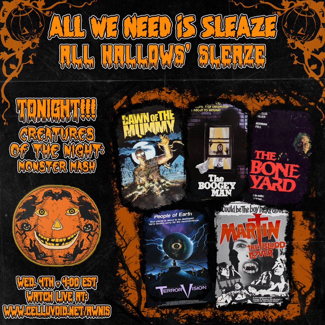 WeAllNeedSleaze's tweet photo. GOOOODMORNING SLEAZECITY! here are the movies we'll be playing tonight at https://t.co/suTvCVUtDE at 4 - Midnight ET. Plus lots of fun and retro Halloween themed intermissions. Frightfully fun!

Come kick off the #Halloween season with us
#Mutantfam #Halloween2023 #HorrorMovies https://t.co/jQaePArAm4