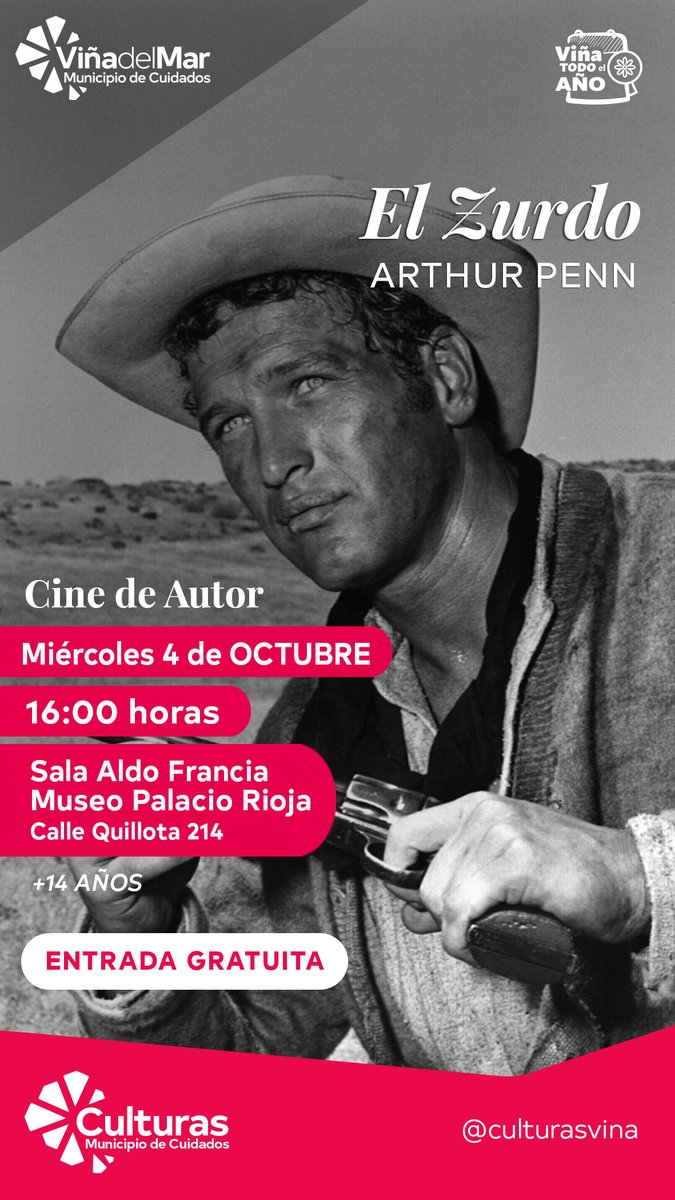El Municipio de Cuidados de Viña del Mar invita hoy miércoles 4, a las 16:00 horas, a un nuevo Ciclo de Cine de Autor en el mes de Octubre con destacadas películas del cineasta estadounidense, Arthur Penn, en la Sala Aldo Francia del Museo Palacio Rioja (Quillota N°214).