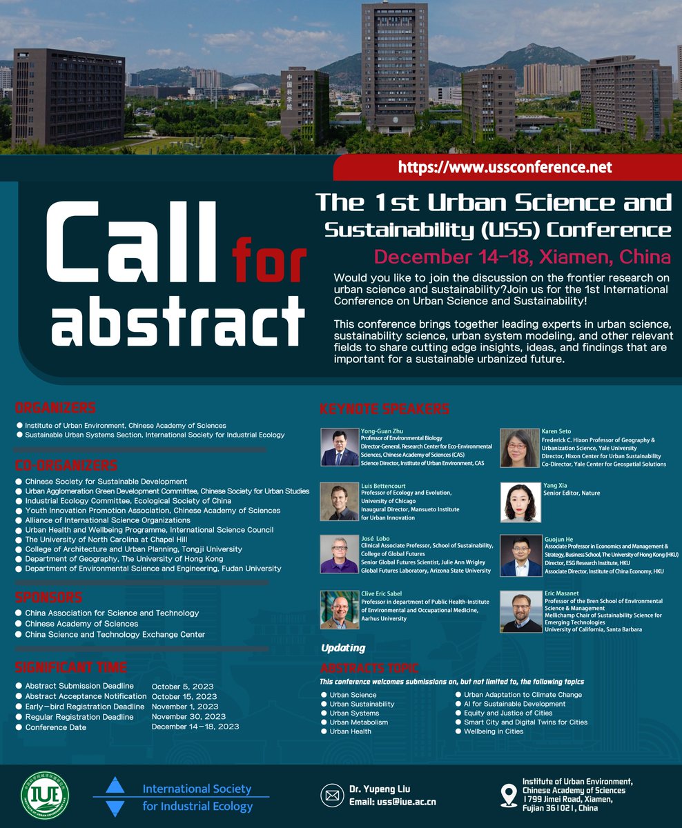 🌟 Exciting News! Join us at the 1st USS Conference 2023 🏙️ 📅 Abstracts due: Oct 5, 2023 📅 Early-bird registration: Nov 1, 2023 🌍 Connect with global urban science and sustainability experts, shape the future of cities!🏢🌿 🔗 More info: is4ie.org/calls/1784