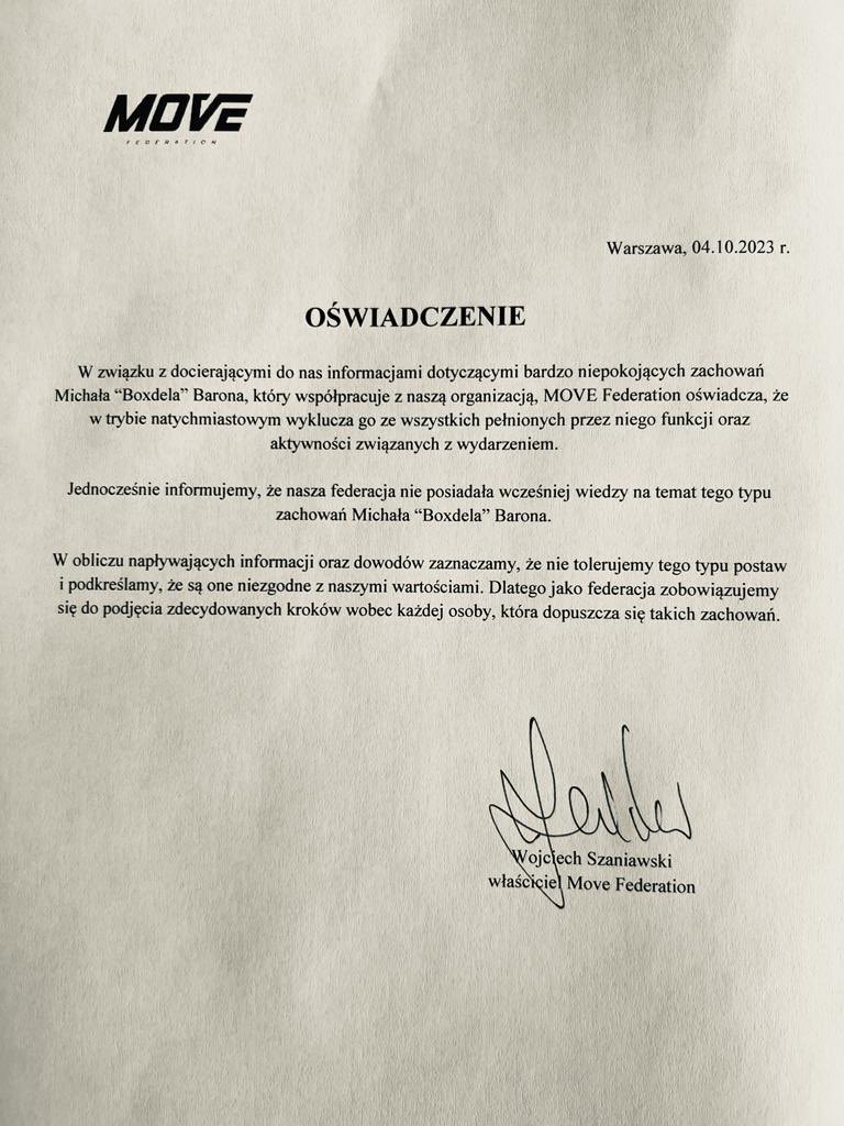 movefederation's tweet image. W związku z docierającymi do nas informacjami dotyczącymi niepokojących zachowań Michała Barona, który współpracuje z naszą organizacją, MOVE Federation oświadcza, że w trybie natychmiastowym wyklucza go ze wszystkich pełnionych przez niego funkcji. 
PEŁNA TREŚĆ OŚWIADCZENIA: