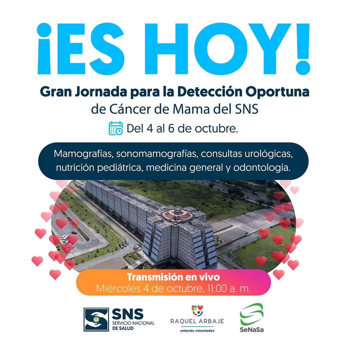 ¡Es hoy! 🙌⏰

👏Celebramos dos años del Programa para la Detección Oportuna de Cáncer, con esta jornada de salud que incluye servicios de mamografías, sonomamografías, odontología, medicina general, nutrición pediátrica y consultas urológicas, a partir de las 8: 00 a. m.