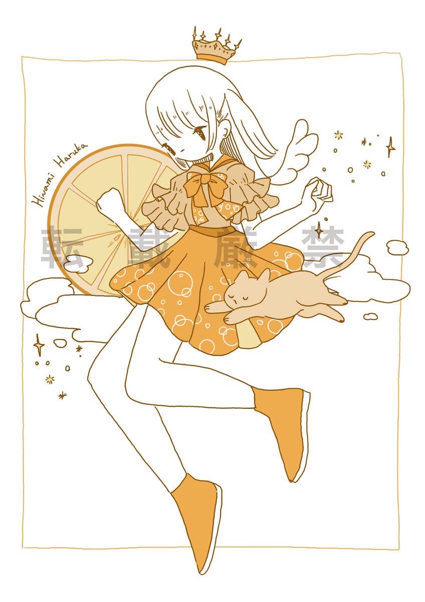 1girl orange theme dress cat short sleeves solo wings  illustration images