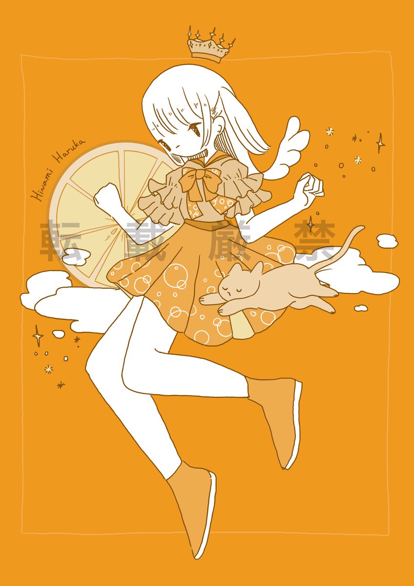 1girl orange theme dress cat short sleeves solo wings  illustration images