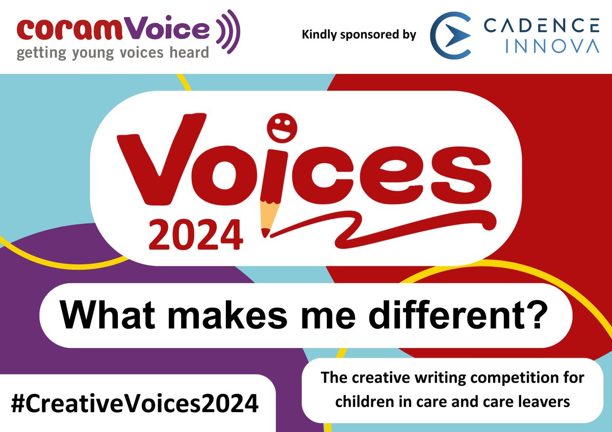 SCIE_socialcare's tweet photo. The Voices 2024 creative writing competition opens 19 Oct.  For care experienced children and young people, and care leavers. Express creativity / celebrate imagination. 
>>> https://t.co/U3CT3bNIkz
#CreativeVoices2024.     @coramvoice         Voices@coramvoice.org.uk https://t.co/ch691oZHjQ