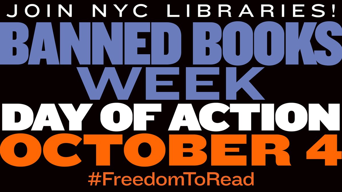 Happening now! Stand with NYC libraries for the #FreedomToRead! Make your voice heard this Banned Books Week and share why the right to read freely is important to you. 

Find out how to take action: on.nypl.org/46cRymU