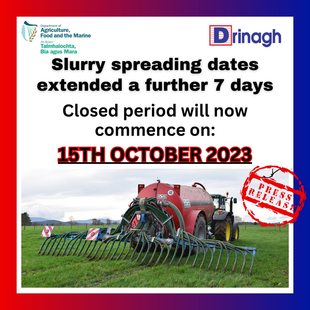 Drinaghagri's tweet photo. #Slurry spreading dates have been further extended due to the recent weather.
๐๐ฎ๐ฉ
Department press release hereโคต๏ธ
https://t.co/O5bvNCckPe
#slurryspreading #closedperiod #extension #farming #Ireland #dafm #drinaghcoop https://t.co/cUsKAAGS5T