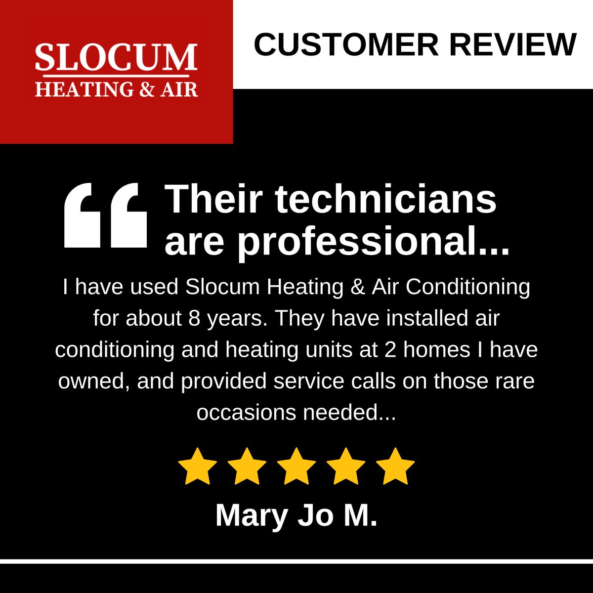 AirSlocum's tweet photo. “I have used Slocum Heating &amp; Air Conditioning for about 8 years. They have installed air conditioning and heating units at 2 homes I have owned, and provided service calls on those rare occasions needed. Their technicians are professional and clearly communic... https://t.co/X7dhZydRUs