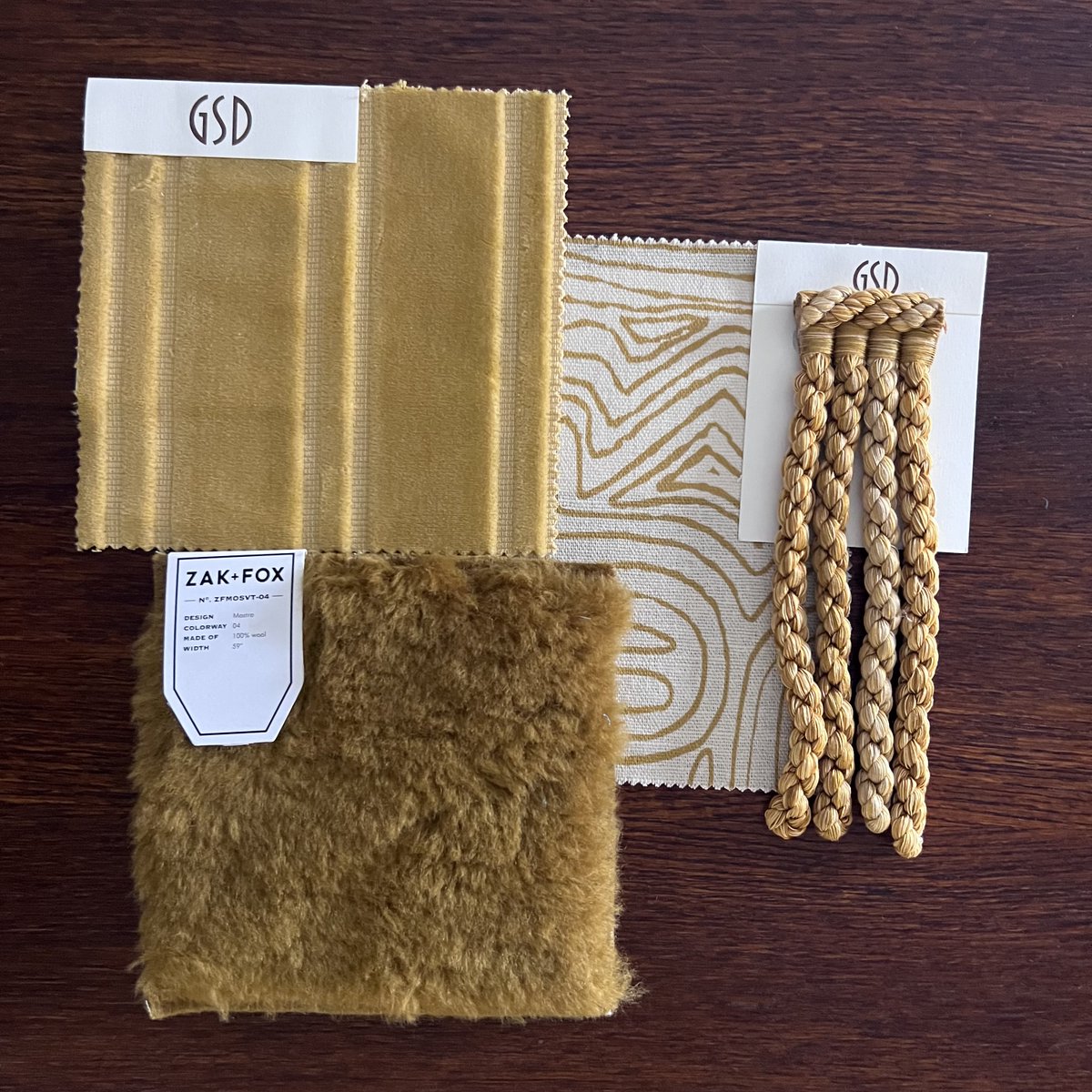 MOOD BOARD • All about texture… Mustard favourites to brighten one’s home.

From left to right : 1. Hockey Cokey Stripe, George Spencer Designs 2. Vivre Ochre, Chelseagem 3. 500 Bullion Fringe, George Spencer Designs 4. Mostro, ZAK+FOX