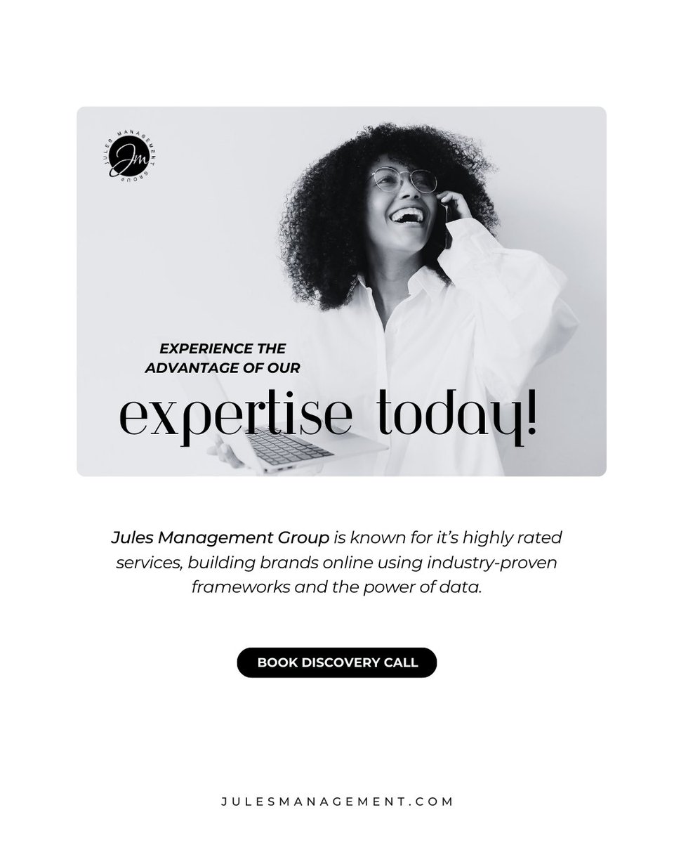 JulesManagement's tweet photo. With Jules Management Group, you get expertise, industry-proven frameworks, and the power of data – all working together to give you an unbeatable edge online! Book a Discovery Call now and experience the advantage first-hand! https://t.co/t5AwFVxiDi