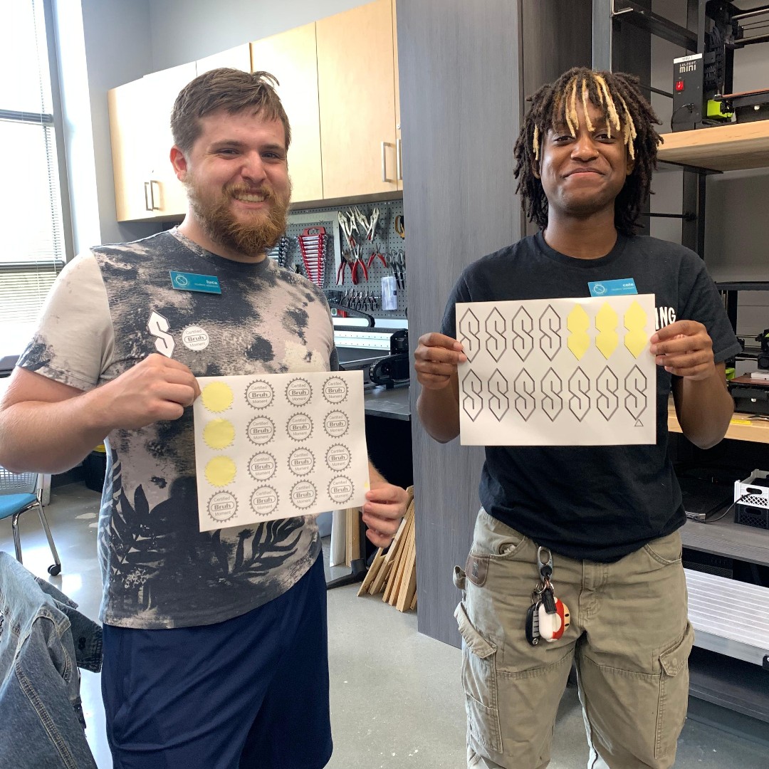 exlab_gsu's tweet photo. EXLAB Dunwoody's student assistants printed designs on sticker paper and cut them out on the Brother Scan'n'cut die-cutting machine! It was literally that easy! Swing by any EXLAB makerspace to find out how. https://t.co/WHYMtC1OSK