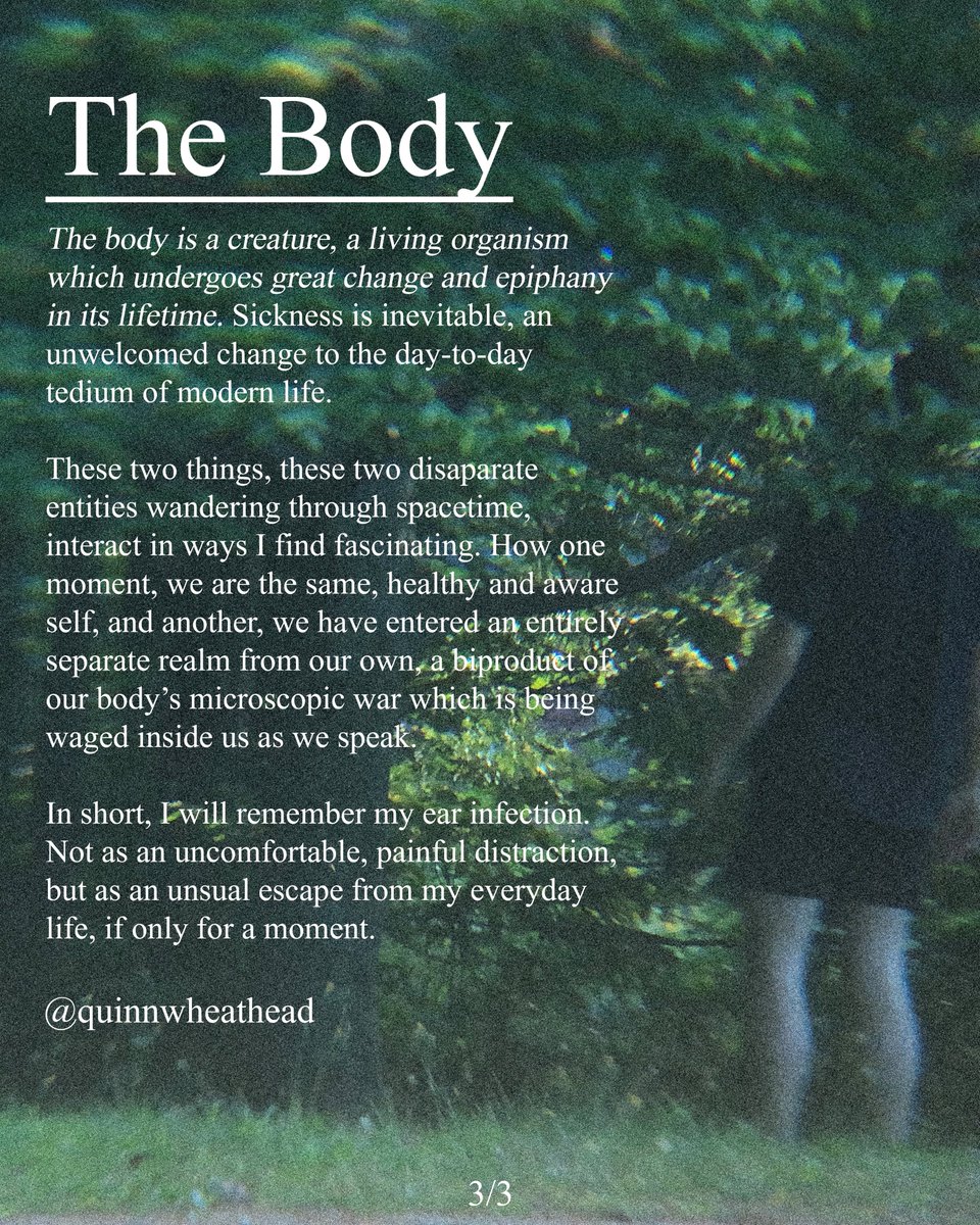 Recently I underwent a pretty standard ear infection. Although the ethereal journey it took me through was anything but standard. 

#Essay  #essaywriting  #poetry  #poetrycommunity  #writers  #writing  #WritingCommunity  #graphicdesign #graphicdesigners #writersoftwitter