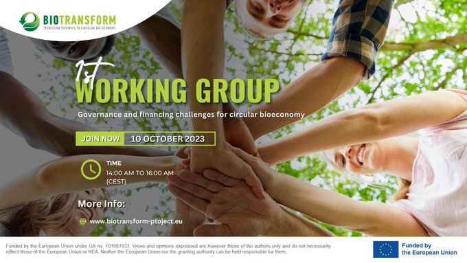 🌱 Our #EUproject <a href="/BIOTRANSFORM_/">BIOTRANSFORM project</a> is preparing their 1st working group session ➡️ "Governance and financing challenges for circular bioeconomy."

🗓️ Date: October 10, 2023
🕑 Time: 14:00 - 16:00 CEST
📝 Registrations: lnkd.in/dhapfEcv

📌 More info👉biotransform-project.eu/news-events/ev…