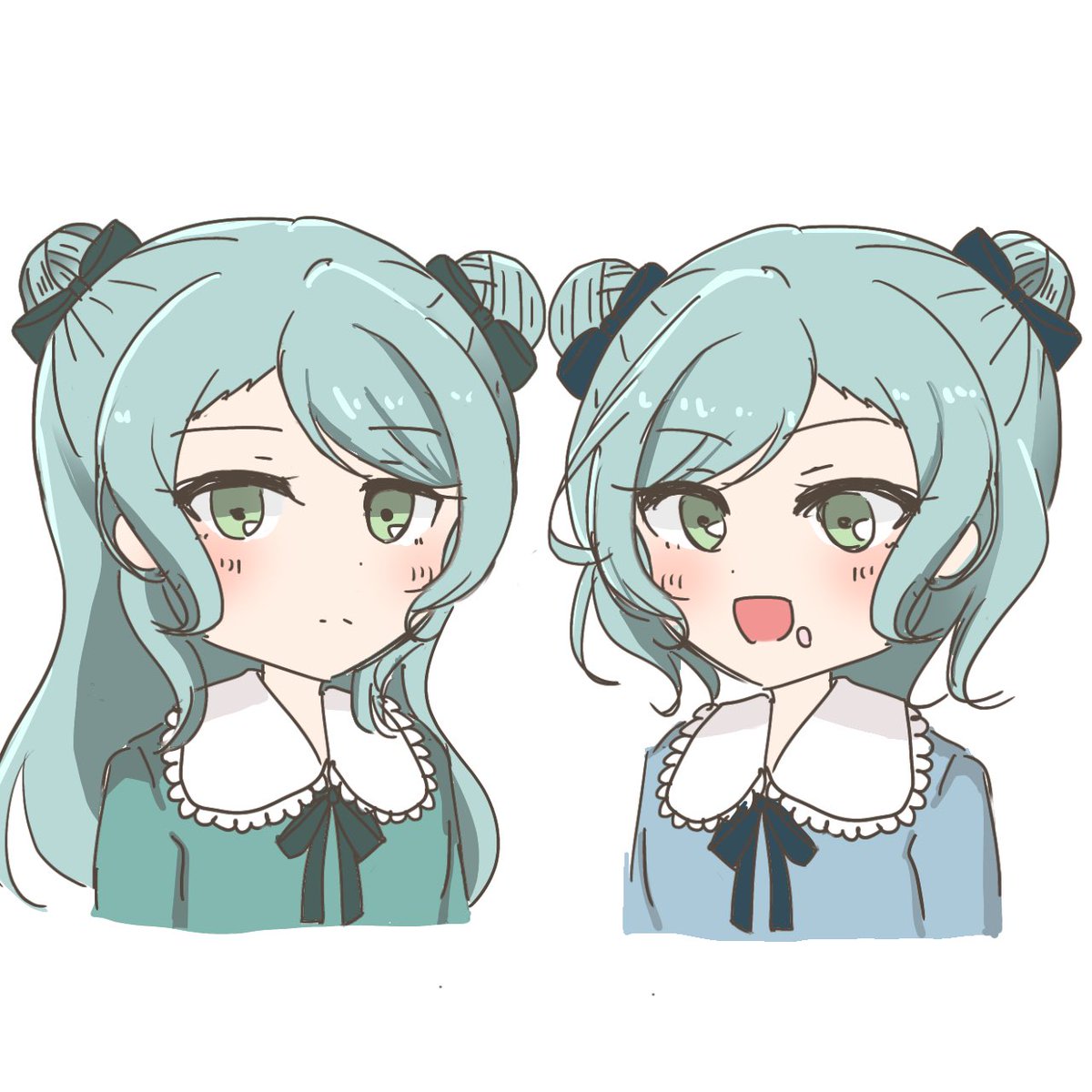 hikawa sayo hair bun multiple girls 2girls double bun green eyes siblings twins  illustration images