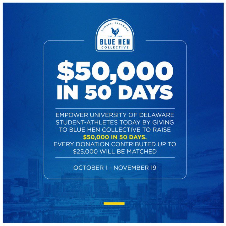 Thx to all those who have contributed so far. Let’s crush this challenge - please consider supporting our student-athletes through the @bluehenNIL bluehencollective.com Go Hens!