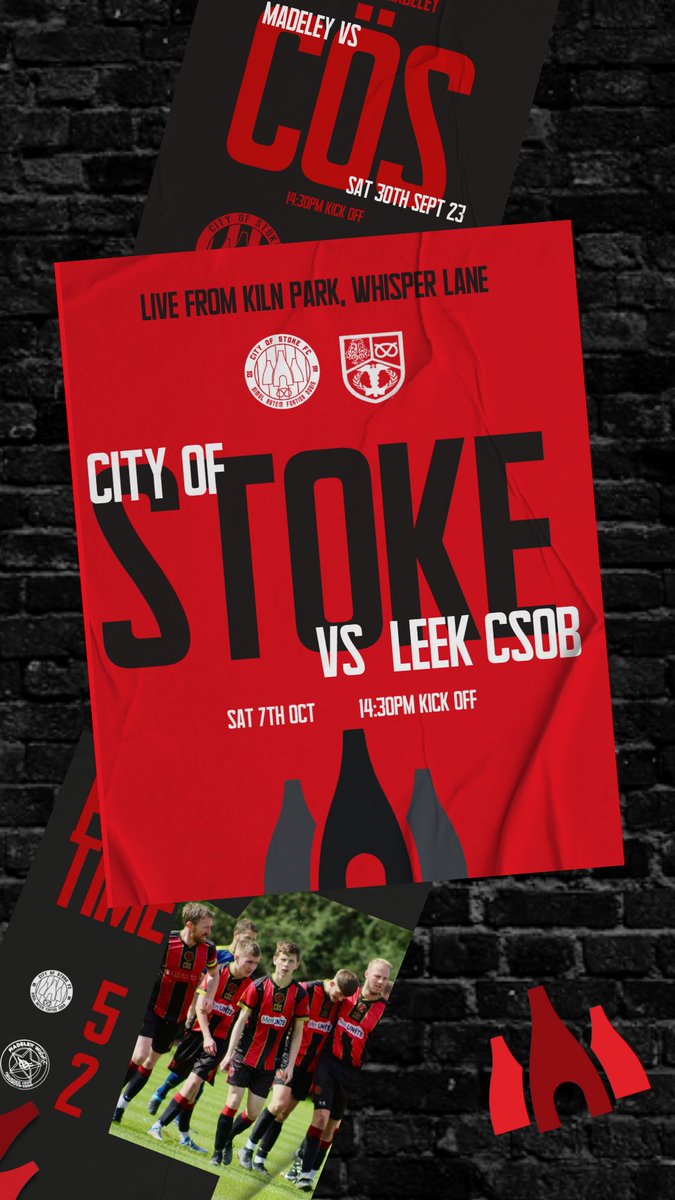⬇️

⚽️ＮＥＸＴ ＵＰ⚽️

🔴Ｍｅｎｓ Ｔｅａｍ⚫️

📆 Saturday 7th October📆

🏆 <a href="/StaffordshireFA/">Staffordshire FA</a> Vase Rd 1
 
🏠 <a href="/cityofstokefc/">C i t y O f S t o k e F C</a> 
V
🏠 <a href="/Leekcsob/">Leek C.S.O.B</a> 
 
🕑14:30pm Kick Off 🕑
 
🏟 City Of Stoke Football Club, Kiln Park, ST5 4DX

#WeAreCÖS #CityOfStokeFC