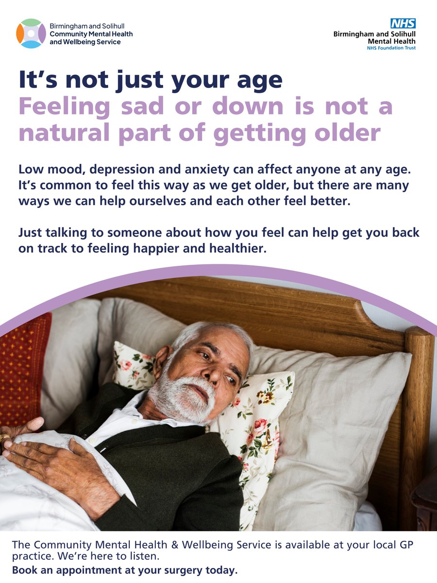 It’s not just your age! ✋

Feeling sad or down is not a natural part of getting older.

The Community Mental Health and Wellbeing Service is available at your local GP practice.

We’re here to listen.

Book an appointment at your surgery today.