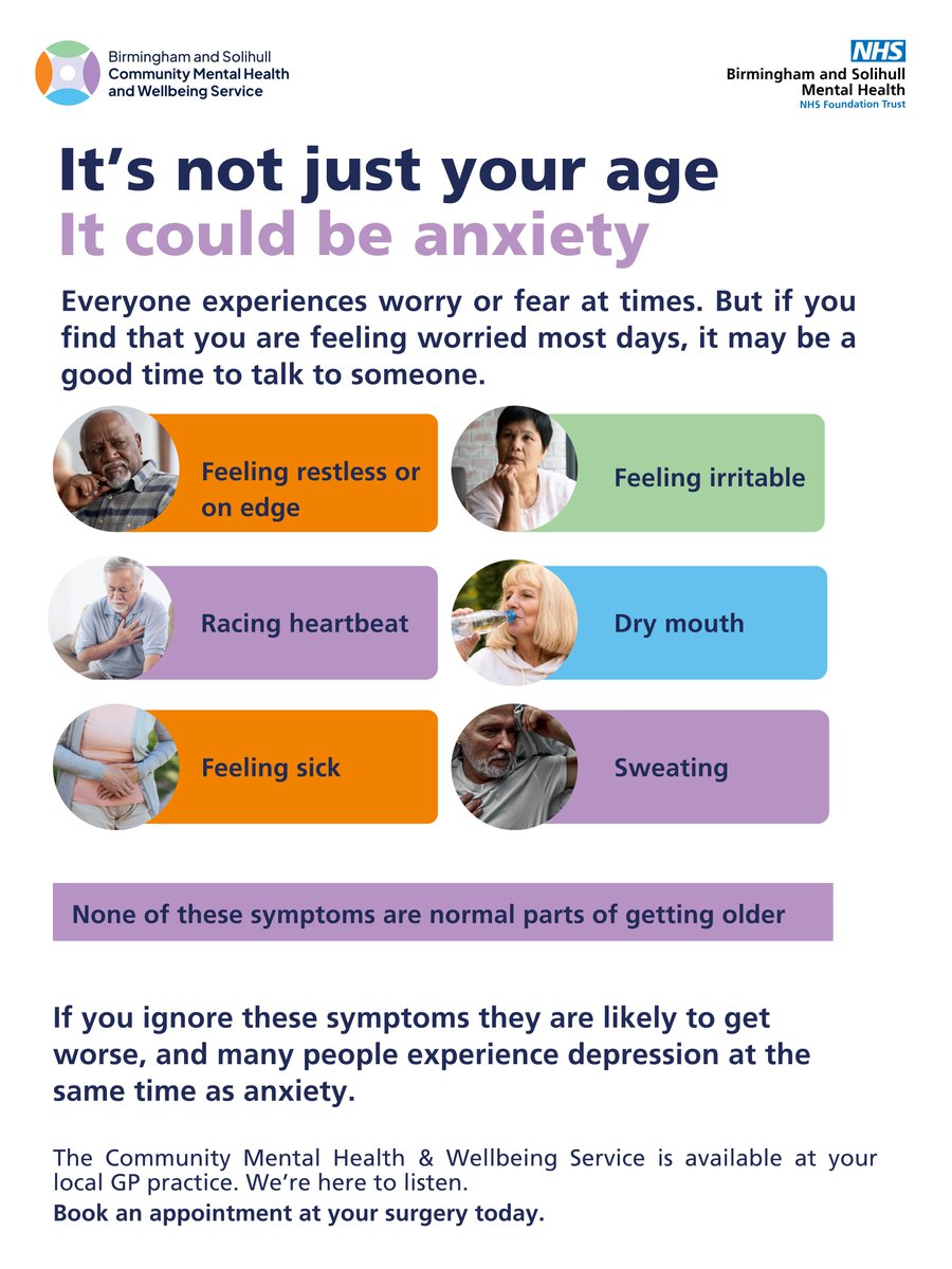 It's not just your age... it could be anxiety.

Symptoms can include:

A racing heart 💓
Dry mouth 🥱
Feeling sick 🤒
Sweating 🥵

If you are having more bad days than good lately, please book an appointment at your GP surgery today.
