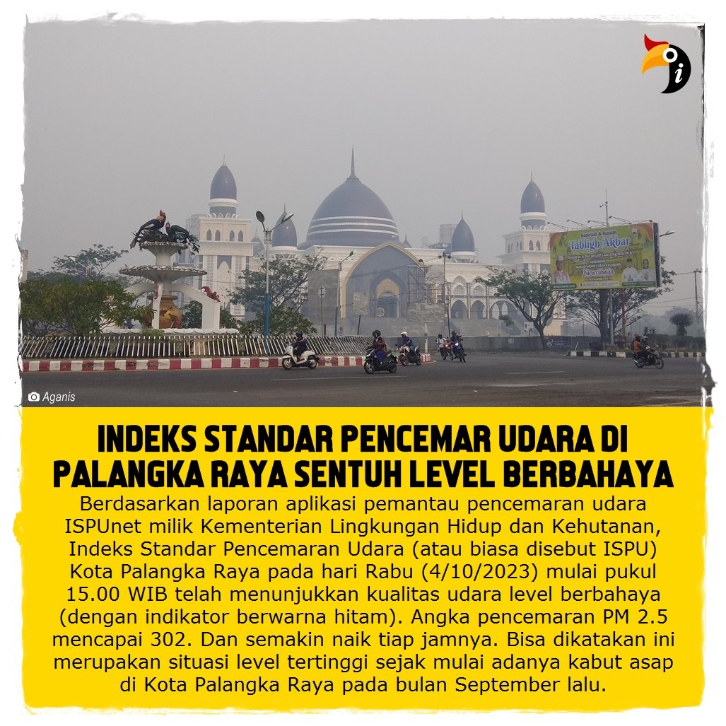 infoPLK's tweet photo. Hari ini, Rabu (4/10) kualitas udara di Kota Palangka Raya menurut aplikasi ISPUnet telah mencapai level berbahaya (angka 300 ke atas) dengan indikator penanda berwarna hitam.

Ini merupakan level tertinggi semenjak kabut asap mulai menerpa Kota Palangka Raya pada September lalu. https://t.co/2GVApNwxhm