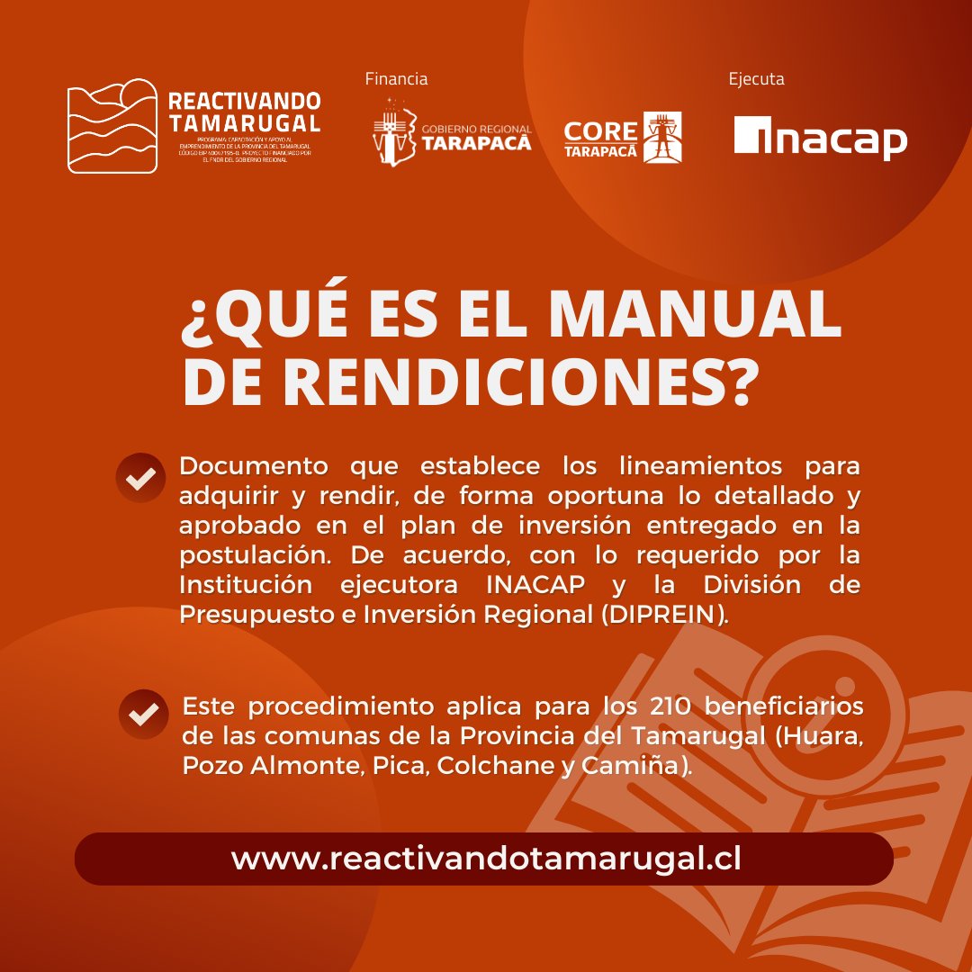 RTamarugal's tweet photo. #ProvinciaDelTamarugal
🗣Beneficiari@ descarga el manual de rendición en https://t.co/V6Ro7J51FD y prepárate para la rendición de tu proyecto. 
@Gore_Tarapaca @CoredeTarapaca @Inacapinos
@INACAPiquique @MunicipioPica @IM_HUARA
@pozoalmontemuni @Muni_Camina @ColchaneChile https://t.co/SVbvjWxO0G