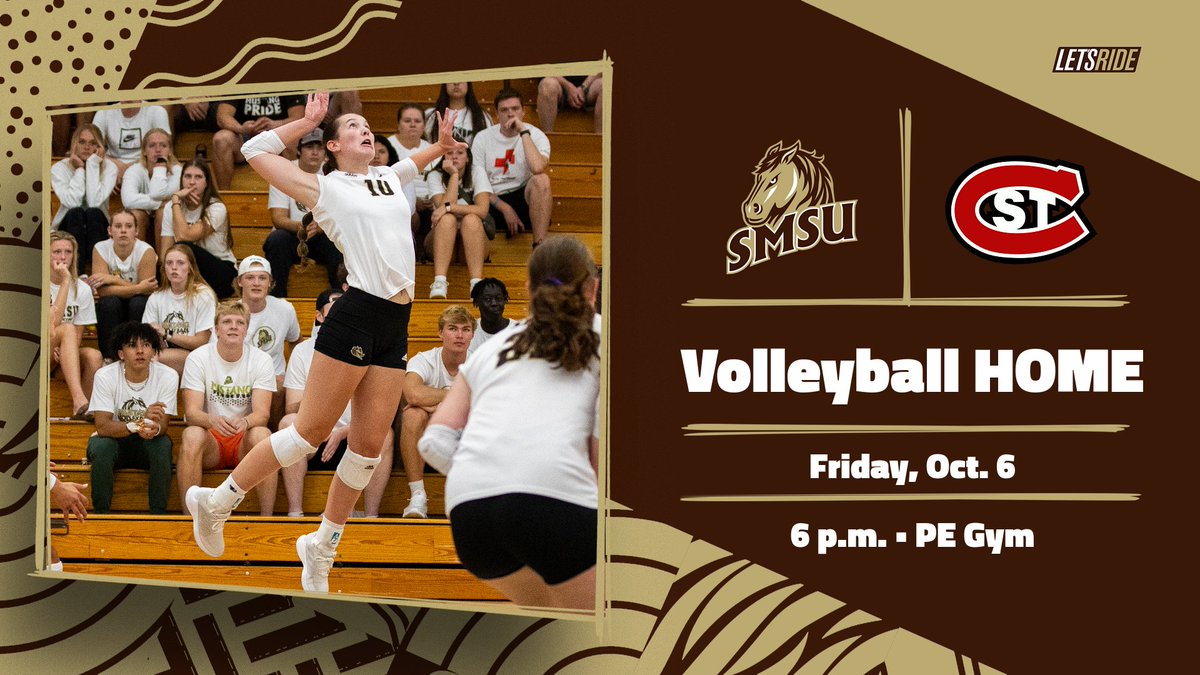 SMSUVolleyball's tweet photo. Reminder  Mustang fans, our No. 8 ranked squad continues the homestand this Friday night facing No. 6 St. Cloud State at 6 p.m. On Saturday, SMSU hosts No. 11 Minnesota Duluth at 2 p.m. It's also Alumni Weekend! Can't wait to play in front of our home crowd and alums! #LetsRide https://t.co/gga9Qloi7i