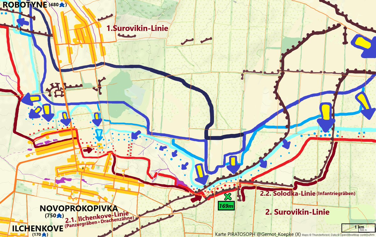 Gernot_Koepke's tweet image. #UkraineWar:
Fight along entire pocket?

Possibly last night Ukrainian attack on flank in fields Northwest of Novoprokopivka.

Maybe also attacks on 2nd #SurovikinLine between #Verbove +#Novoprokopivka.

Waiting for more infos needed...

#UkraineCounterOffensive #UkraineRussiaWar