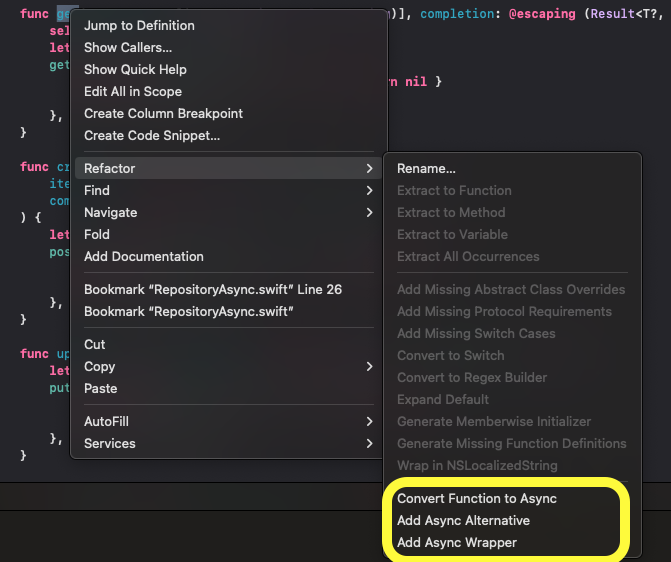 swiftuiguy's tweet image. The right-click refactor option to convert existing completion-callback functions to async-await is very much appreciated! #SwiftUI #iosdev #iOS17